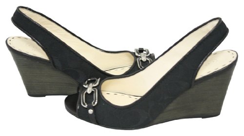 Coach Signature Cynthia Peep Toe Wedge Slingback Shoes Black