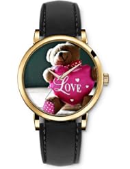 SPRAWL Aanalog Fashion Series Gold Ladies Watches of Genuine Black Leather Strap,Unique Wrist Watch for Women Girls Designed with cute teddy