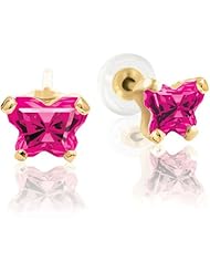 Bfly® Girls 14k Gold July Birthstone Butterfly CZ Earrings with Safety Backs