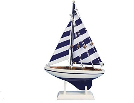 Blue Striped Pacific Sailer 9" - Wood Sailboat Centerpiece - Scale Model Ship -
