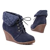 Damen Schuhe, STIEFELETTEN, KEIL WEDGES ANKLE BOOTS, SD12-S29, Synthetik in hochwertiger Wild Leder Optik, Blau, Gr 36