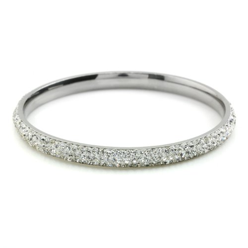 Bling Bling Rhinestones Crystal Stainless Steel Eternity Bangle Bracelet, 65mm Inner Diameter, Handmade Pave Fireball (001. White)