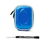 Carbon Fiber Light Blue Durable Slim Protective Storage Cover Cube Carrying Case with Internal Mesh Pocket with Carabiner clip for Canon Power-Shot A490 A495 A800 A1200 A2200 A3000 IS A3100 IS A3300 IS D10 ELPH 100 HS ELPH 300 HS ELPH 310 HS Point and Shoot Digital Camera + Includes eBigValue Determination Hand Strap Key Chain