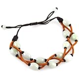 Deep Brown Adjustable Bracelet With Woven Copper Tri Strand And Jade Stone Beads