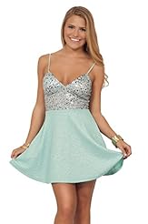 Junior V-neck Flared-Skirt Short Stretchy Sequined Metallic/Polyester/Spandex Corset   Waistline Spaghetti Strap Spring Skater Dress/Party Dress/Mini Dress 