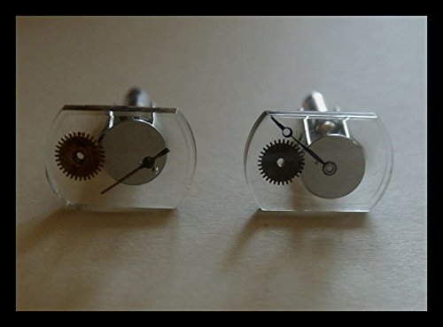 Time to Look Good- Small watch crystals with watch parts on stainless steel cuff links