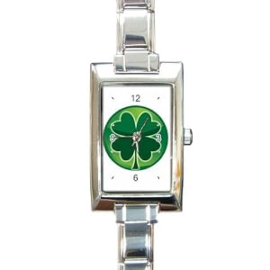 Rectangular Italian Charm Watch of Green Shamrock (Celtic, Club, Gold, Irish, Ireland, Little,...