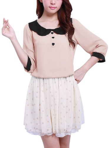 Allegra K Women Doll Collar 3/4 Sleeve Heart Button Decor Chiffon Blouse Pink L