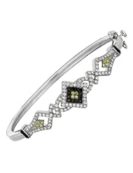 Silver Rhodium Plated Polish 7.50" 3.4mm Clear Yellow And Black Micropave Cubic Zirconia Diamond Top Design Round Fancy Bangle With Side Clasp