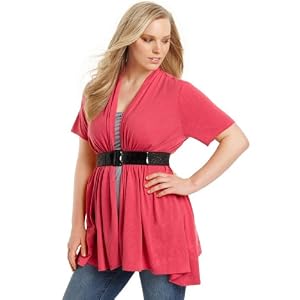 Buy AGB Plus Size Top, Short Sleeve Cardigan with Belt by AGB