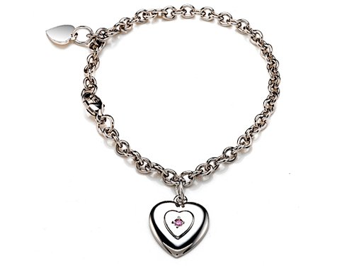 Sterling Silver Children Heart Charm Bracelet with Pink Sapphire