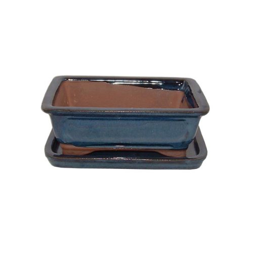 16cm Blue Glazed Bonsai Pot and Tray Set
