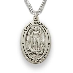 Sterling Silver 1" Oval Engraved St. Michael Medal on 20" Chain