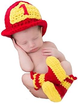 Liange Baby Photography Prop Newborn Crochet Knitted Firefighter Fireman Hat Boots