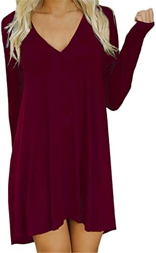 Waloneby Women's Plunge Neck Long Sleeve Straight Tshirt Dress (M, Red)