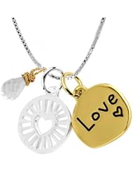 Two-Tone Sterling Silver with Yellow Gold Flashed "Love"  Charm Necklace with Heart Charm and Crystal, 18"