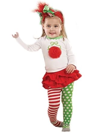 Mud Pie Baby Girls Christmas Ornament 3 Piece Set with Red Tutu Skirt, Striped and Polka Dot Leggings and White Top with Christmas Ornament Applique