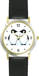 Two Penguins - Penguin Cartoon - JP - WATCHBUDDY&reg; DELUXE TWO-TONE THEME WATCH - Arabic Numbers - Black Leather Strap-Size-Large ( Men's Size or Jumbo Women's Size )