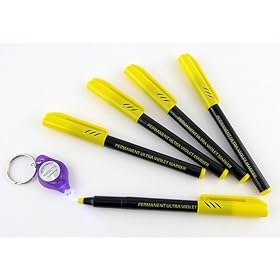 5 x UV Ink Permanent Marker Pen. Ultra Violet Security Markers. Complimentary UV LED Light Torch