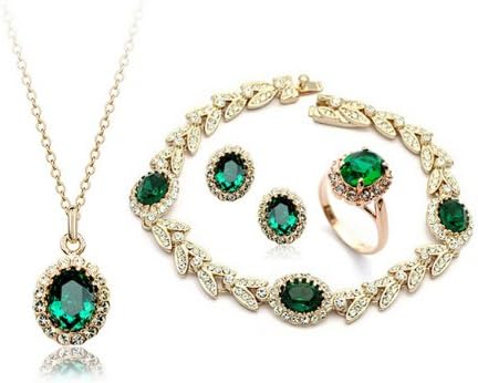 TKC 18K Gold Plated Emerald Green Austrian Crystal 4 pcs Set (Ring 16.10 mm)
