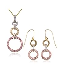 18k Yellow Gold Plated Sterling Silver Pink, Yellow, and White Cubic Zirconia Wire Earrings and Triple Circle Drop Pendant, 18"