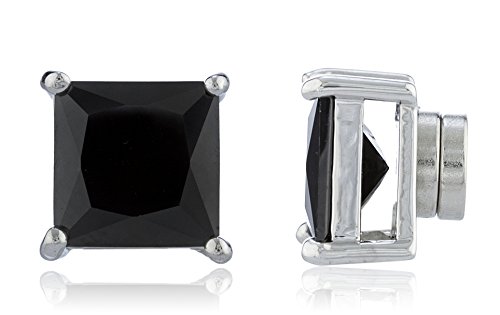 New & Improved! Silvertone with Black Cz Square Magnetic Stud Earrings - 4mm to 12mm Available