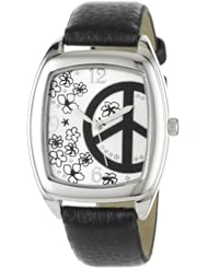Breda Womens 8205_black "Savannah" Black Faux Leather Band Peace Sign and Flower Dial Watch
