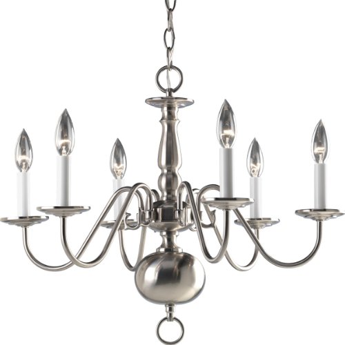 Progress Lighting P4356-09 6-Light Americana Chandelier with Delicate Arms and Decorative Center Column and Candelabra Lamps, Brushed Nickel