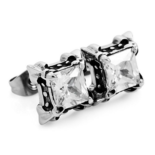 Men's Stainless Steel Stud Earrings CZ Silver Tone Black Dragon Claw Square