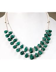 Exclusive 2 Strands Natural Graceful Pearl & Green Emerald Drops Beaded Necklace