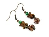 Genuine African Snake Vertebrae, Green Aventurine, and Rustic Antique Brass Bead Dangle Earrings