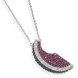 17 + 1.5 Rhodium Plated Sterling Silver Necklace W Fuchsia, Green Clear Cz Watermelon Pendant