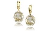 14K Yellow Gold Matte-Finish Hand-Crafted Semi-Precious Color Stone Earrings, Centered with an Oval-Shaped Rutilated Quartz, Surrounded by Pave Set Diamonds.