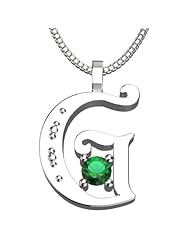 Sterling Silver Letter G - May Emerald Birthstone 18 Inch Necklace