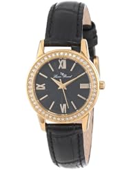 Lucien Piccard Womens LP-12006-YG-01 Veleta Black Textured Dial Swarovski Crystal Accents Black Leather Strap Watch