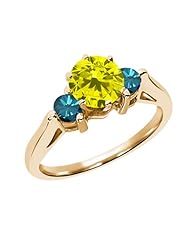 0.68 Ct Round Canary and Blue Diamond 14K Yellow Gold 3-Stone Ring