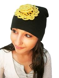 CLEARANCE ITEM - Lighweight Embellished Hat with Hand-crocheted Flower - Black with Mimosa Yellow Flower (Teens/womens)