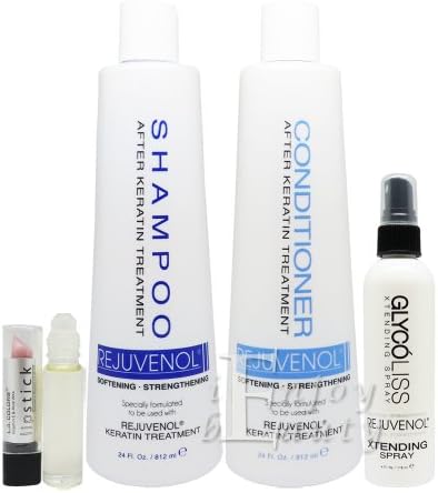 Rejuvenol After Keratin Treatment Shampoo & Conditioner 24oz, Glycoliss Xtending Spray 4oz "SET" (w/ Lipstick/Roll-on Body Oil)