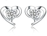 Rhodium Plated 925 Silver Cubic Zirconia Heart Shape Stud Earrings-SE3048