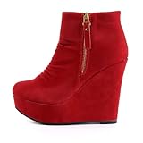 Damen Schuhe, STIEFELETTEN, PLATEAU KEIL WEDGES PUMS, KA-5538, Synthetik in hochwertiger Velour Leder Optik, Rot, Gr 38
