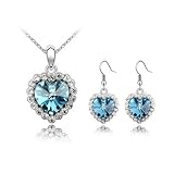 Kzafrance Collection "Fête des Mères" Parure Collier et Boucles dOreille Coeur Cristal Swarovski, chaîne en plaqué Or blanc 18 Carats et boîte Cadeau (Bleu Lagon)