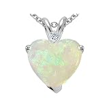 1.07 cttw 14k White Gold Genuine 8mm Heart Shape Opal and Diamond Pendant in 14k White Gold