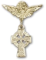 Gold Filled Baby Badge with Celtic Cross Charm and Angel with Wings Badge Pin