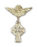 14kt Gold Baby Badge with Celtic Cross Charm and Angel w/Wings Badge Pin
