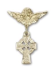 14kt Gold Baby Badge with Celtic Cross Charm and Angel w/Wings Badge Pin
