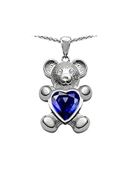 Original Star K (tm) Love Bear Holding Birthstone of September 8mm Heart Shape Created Sapphire in 925 Sterling Silver