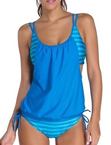 Ashley Womens Stripes Lined Up Double Up Tankini Top Swimwear ((US 2-4)S Blue)