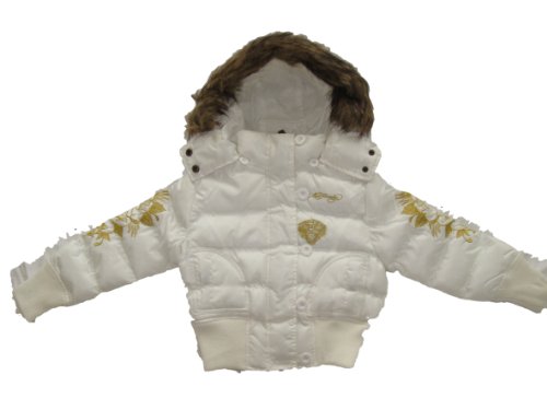 Ed Hardy Girls Embroidered Open Mouth Tiger Faux Fur Hooded White Jacket