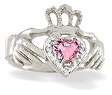 14K White Gold Heart Created Pink Sapphire and Diamond Celtic Claddagh Ring