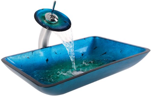 Kraus C-GVR-204-RE-10CH Irruption Blue Rectangular Glass Vessel Sink and Waterfall Faucet, Chrome